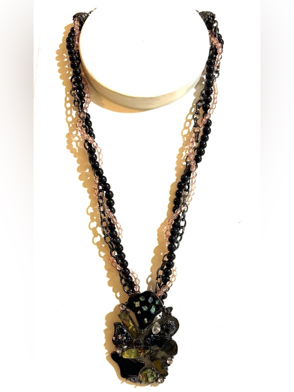 Black and Pink Multi-Strand Beaded Necklace with Decorative Pendant